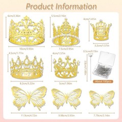 Flower Bouquet Accessories Set: 5 Mini Crowns, 36 Butterflies & 100 Pins (Gold)