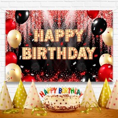 Happy Birthday Backdrop Banner Black and Red Theme Background with Neon Shiny…