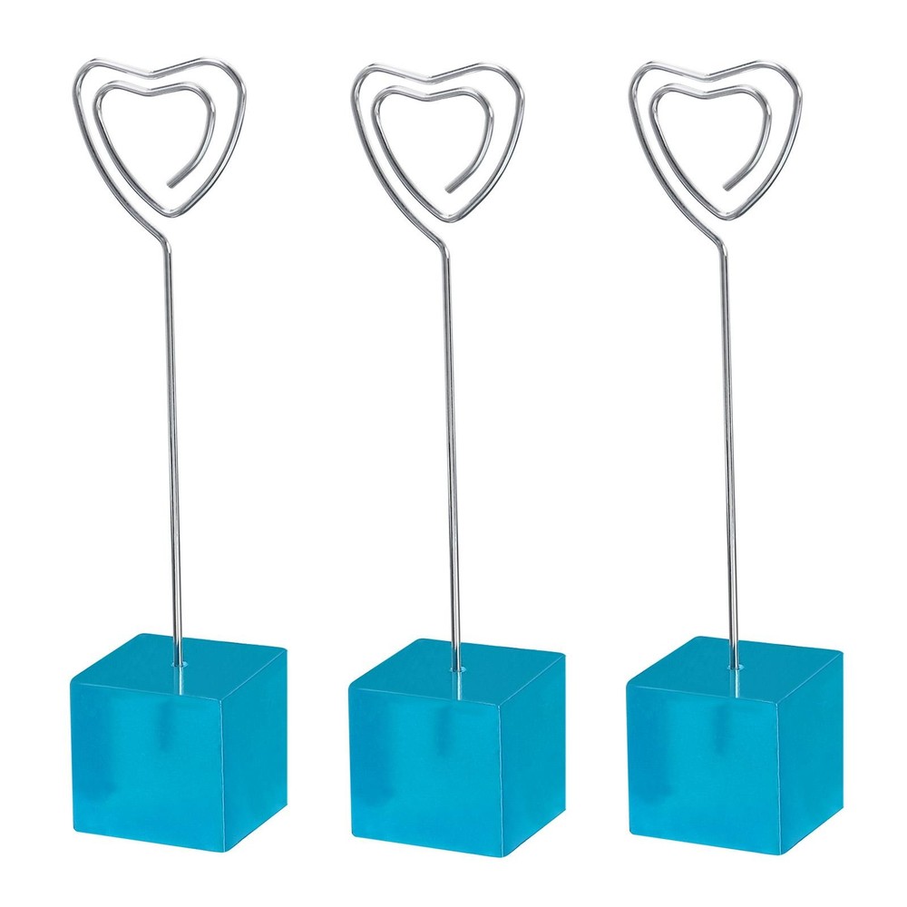 Resin Cube Base Picture Card Holder, 3 Pack Heart Shape Note Holder, Sky Blue