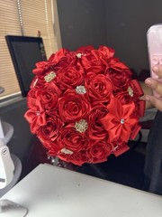 Red Artificial Rose Flower Bouquet, Satin Ribbon & Rhinestone Accents, 8×8″
