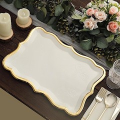 WHITE 10 Rectangle 14″ Paper SERVING TRAYS Scroll Design Gold Rim Party Events