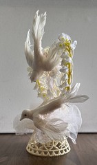 Vintage White Doves Heart Tulle Flowers Wedding Rings Cake Topper 11”
