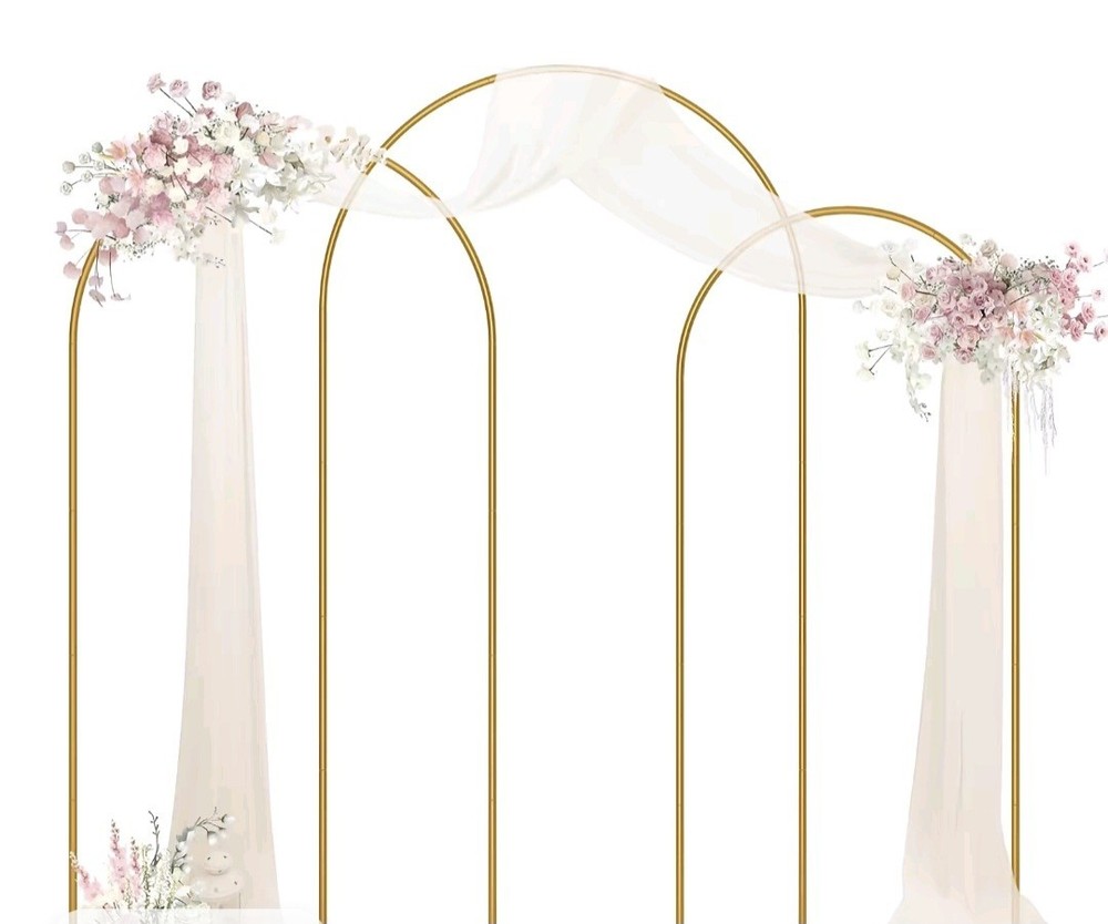 Gold Metal Arch Backdrop Stand Set of 3, 7.2ft H x 4ft L, With 3 White Backdrop