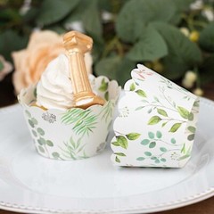 25 White Paper Cupcake WRAPPERS Green Eucalyptus Leaves Print Party Decorations