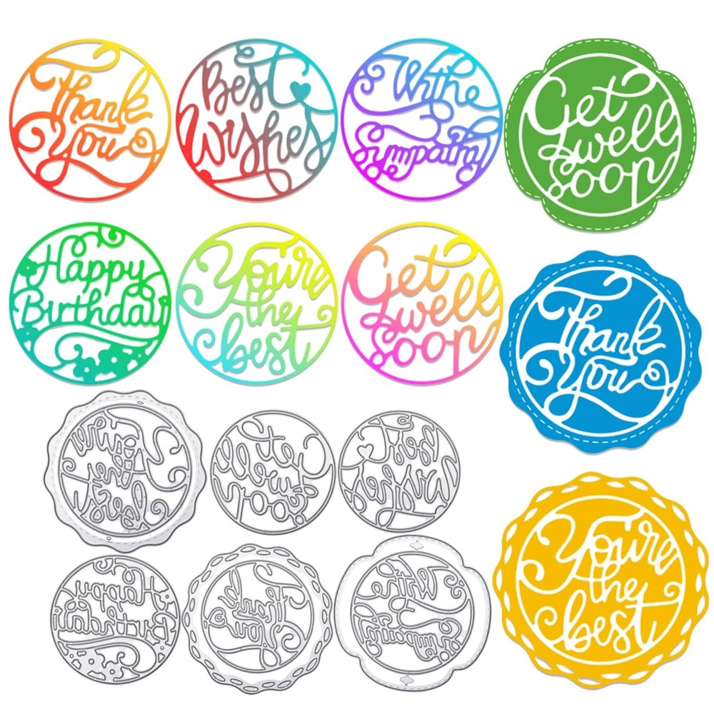 ORIGACH 9 Pcs Words and Round Lace Flower Border Metal Cutting Dies Circle Se…