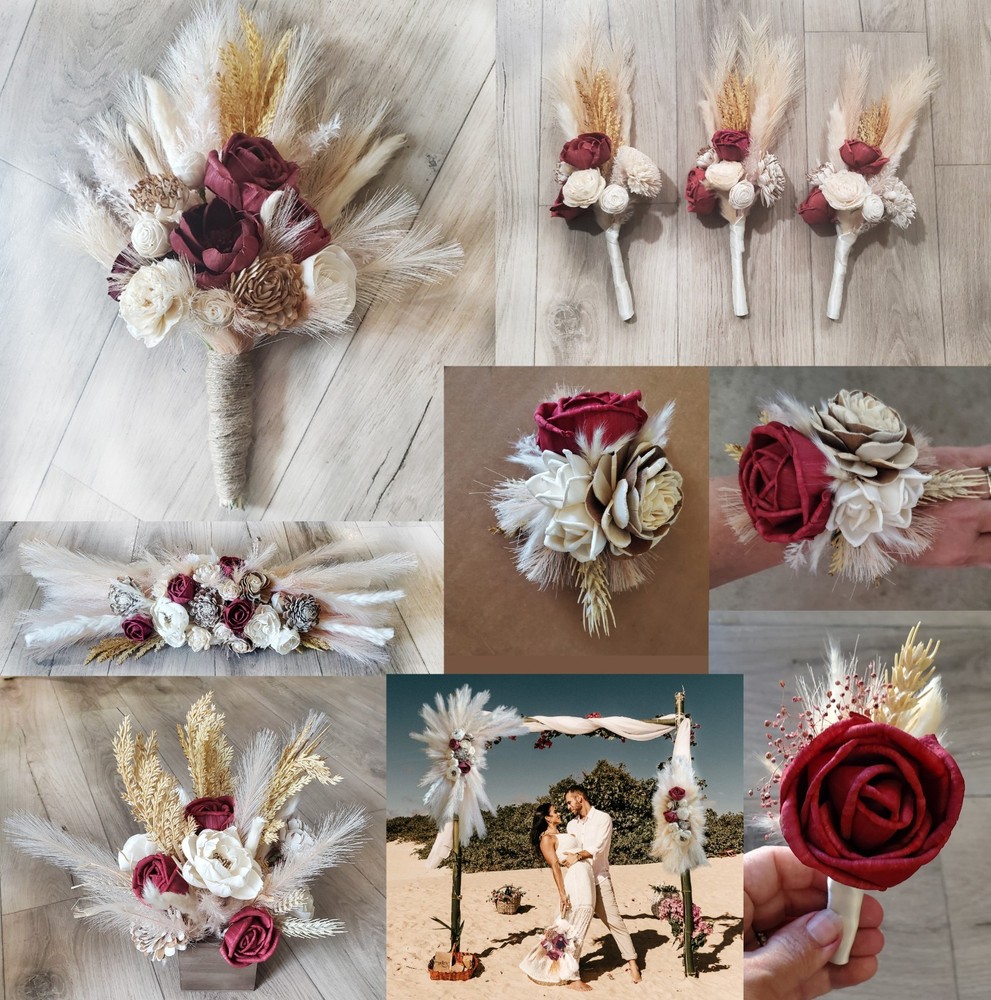 Pampas Grass Bridal Bouquet BOHO Burgundy Sola Wood Tan Cream Ivory Bridesmaid