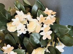 Stephanotis & White Rose Candle Rings, Dk Green Leaves-10″Dia . Set Of 14