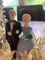 Vintage 1950s Wedding Anniversary Cake Topper Couple in Arch Bells Blue Dress