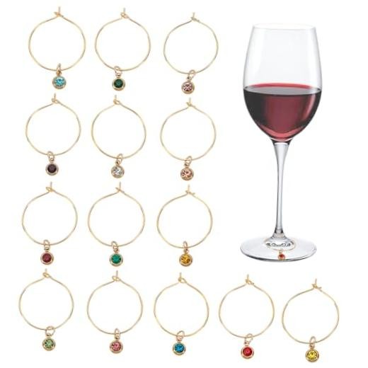 14Pcs 14 Colors Golden Wine Glass Charm, Flat Round Wine Glass Charm,