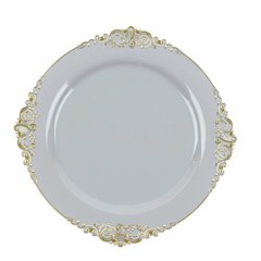 10 GRAY GOLD 10″ Round Plastic Salad Dinner PLATES Embossed Baroque Rim Party