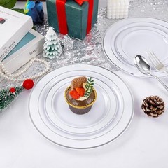 700PCS Silver Plastic Plates – Silver Plate Set 100Guest – Silver Rim