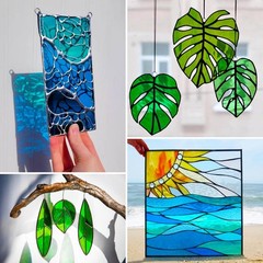 LITMIND 24 Sheets Transparent Stained Glass Sheets – Blue & Green Gradient