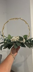 Table Centerpiece Gold LED Hoop with Ivory Roses & Greenery, Battery