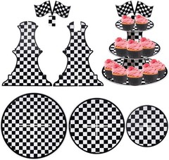 Racing Car 3 Tier Cupcake Stand Black White Checkered Dessert Display Tower