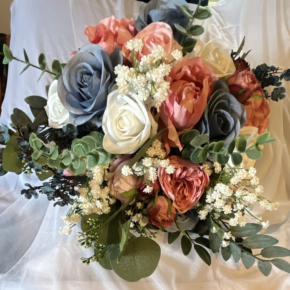 Artificial Wedding Flower Bouquet Bunch – Blue Pink White Roses Eucalyptus