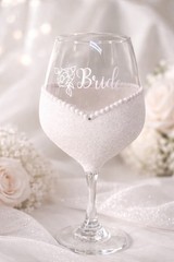 Decorated Wedding Wine Glass – White Glitter & Pearls, Handmade Glass