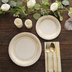 25 WHITE 9″ Paper PLATES GOLD Basketweave Design Rim Party Events Home Tableware