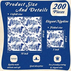200 Pcs Blue Floral Napkins Blue White Disposable Dinner Napkins 10 x 10 Inch