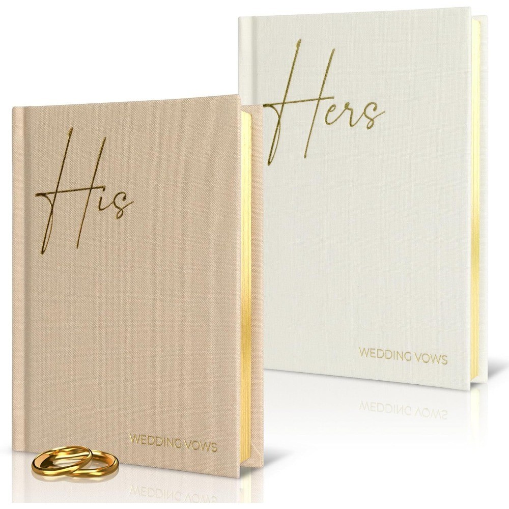 Elegant Linen Wedding Vow Books His and Hers with Gold Foil Lettering Ample