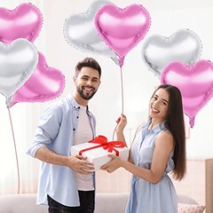 18 Inch, Pack of 10 Heart Shaped Balloons – Big Metallic Foil Pink & Silver
