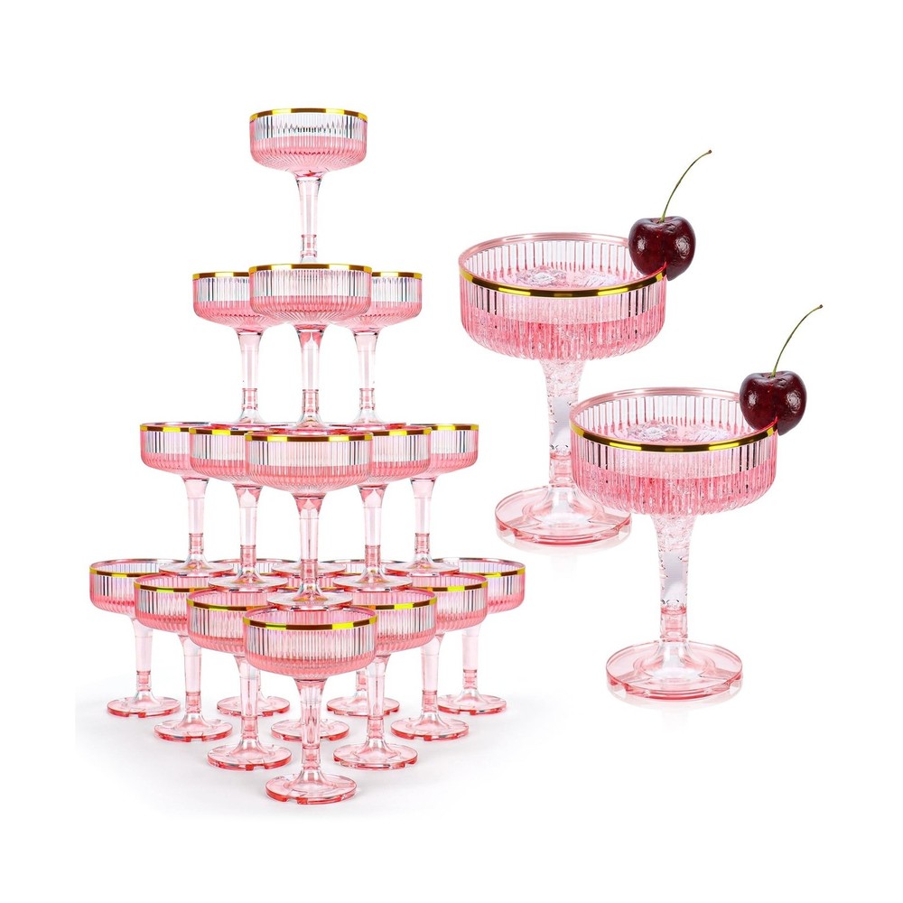 30 Pack Pink Champagne Glasses Tower 7 OZ Plastic Coupe Glasses With Gold Rim…