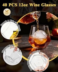 PCS 12 Oz Plastic Wine Whiskey Glasses, Diamond Stemless Unbreakable 40 Clear