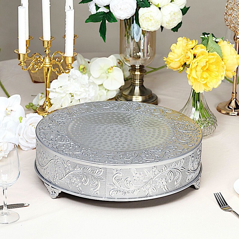 SILVER 18″ wide Round Floral Embossed Cake Stand Cupcake Display Wedding Party