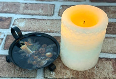 VINTAGE BLACK METAL WALKING CANDLE HOLDER W/ FINGER LOOP + FLAMELESS CANDLE