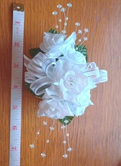 NEW 7″ Artificial White Rose Wrist Corsage W/Pearl Accents Iridescent Bow W/Bout