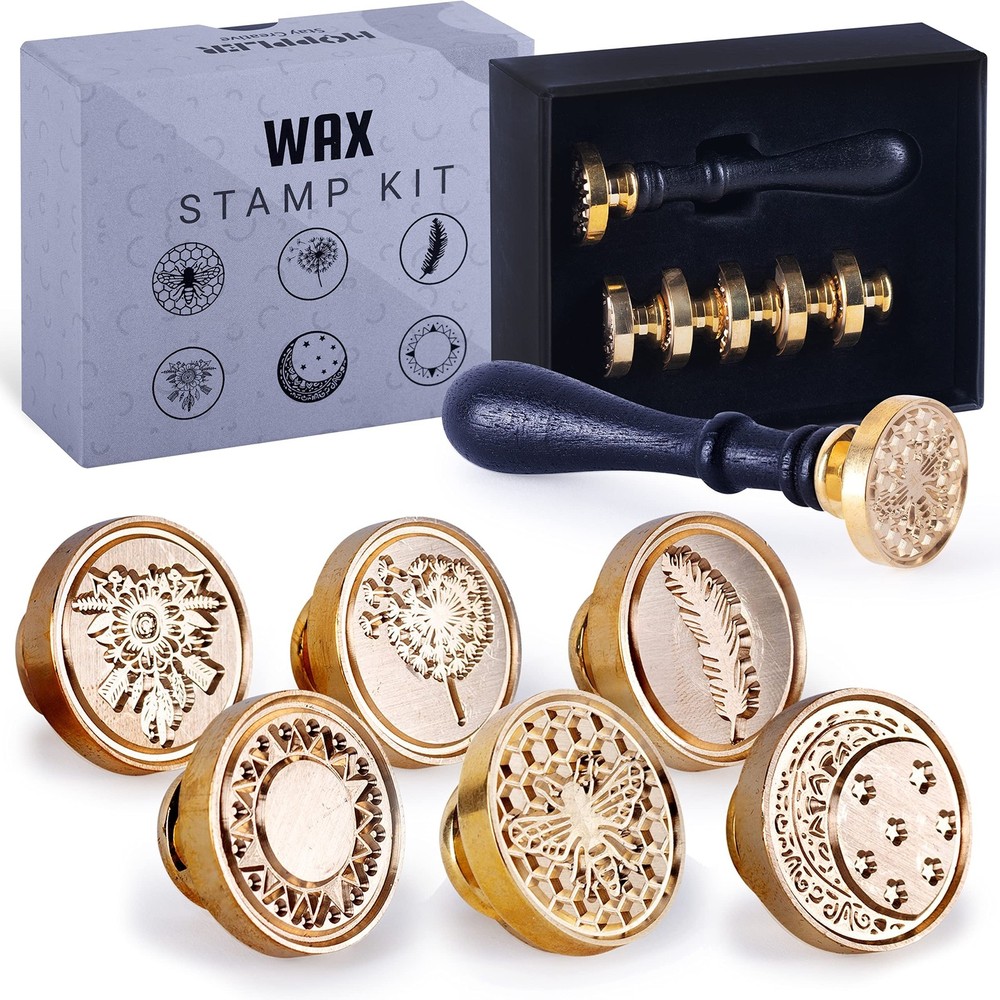 Hoppler Wax Seal Kit Having 6 PCS Wax Seal Stamp Heads, 1 PC Wood Handle Perf…