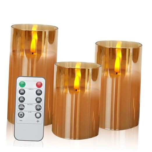 Flickering Flameless Candles with Remote,4″, 5″, 6″ x 3″ Diameter Glass Brown