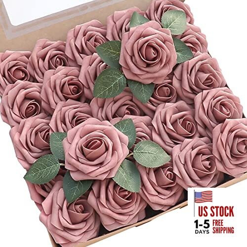 Artificial Flowers 25pcs Real Looking Dusty Rose Foam Fake Roses with Stems
