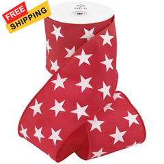 MEEDEE 4 Inch Patriotic Dupioni Wired Ribbon, 10 4 Inch, Red with White Stars
