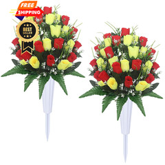 Hibsotco Artificial Cemetery Flowers with Vases 2 Sets 19 inches, Red Yellow