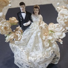 Vintage Wedding Cake Topper: Fabric Flowers, lace, plastic