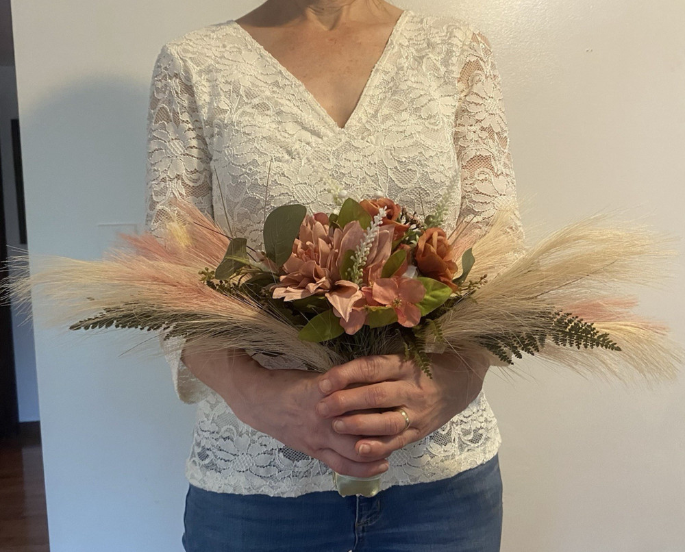 Bridal Wedding Bouquet Hand made Budget Friendly Faux Flowers White Pink Green
