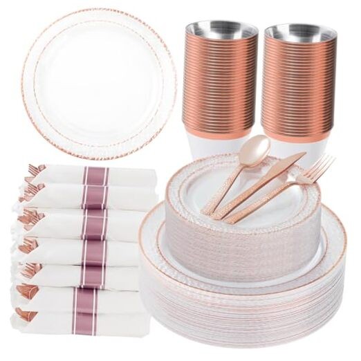 350PCS Clear Plastic Plates with Trim for 50 Guests, 50 Guests Set Rose Gold