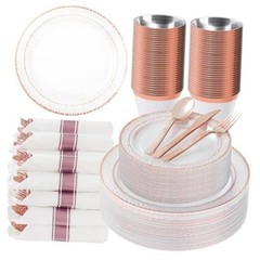 350PCS Clear Plastic Plates with Trim for 50 Guests, 50 Guests Set Rose Gold