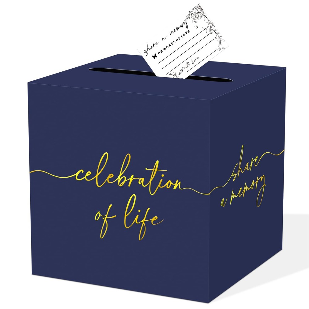 Navy Blue Celebration of Life Card Box with Gold Lettering, Share a Memory Funer