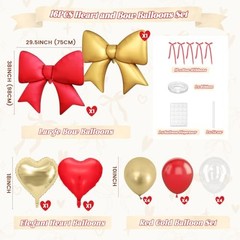 16Pcs Red and Gold Heart Balloons – 38″ Bow Balloons – Champagne Red Gold