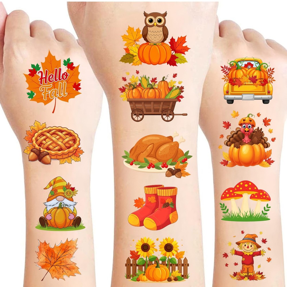 50 PCS Fall Autumn Temporary Tattoos for Kids, Thanksgiving Themed Tattoos fo…