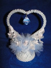 New White Pearl & blue bead Heart with tulle & white floral Wedding CakeTop 416