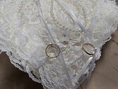 Lillian Rose Ring Bearer Pillow Vtg Layers of Lace Sequins Faux Pearls Ribbons