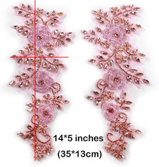 Light Pink Beaded Rose Flowers &Leaves Rhinestone Pair Applique for Prom Dress B