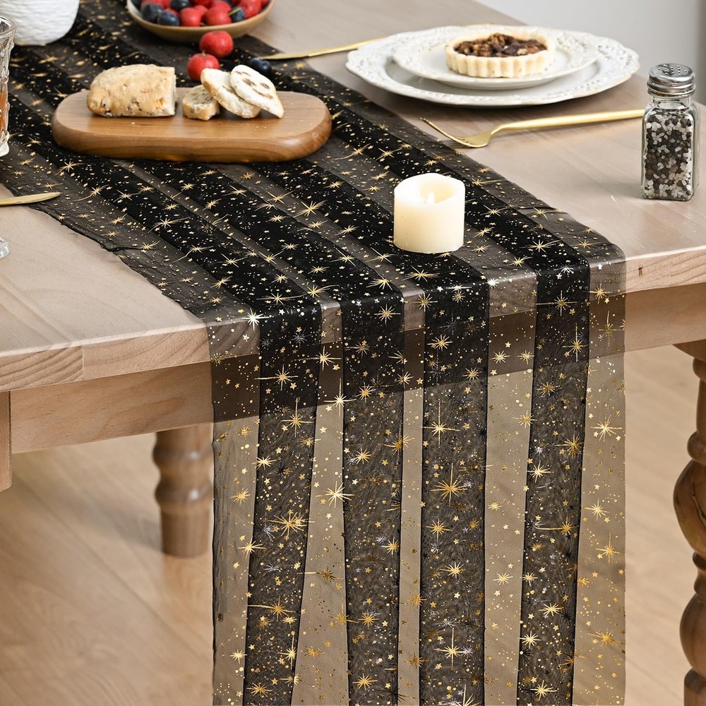 Artoid Mode Gold Stars Black Gauze Table Runner 120 Inch 10FT, Reversible Gli…