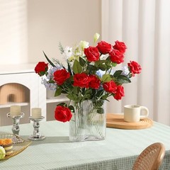 12PCS Artificial Flowers Fake Roses, Realistic Silk Long 6 Flowers 6 Buds Red