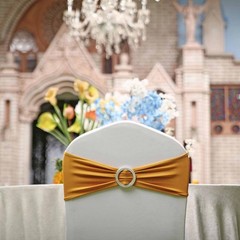 10 Gold Spandex CHAIR SASHES with Silver Round Buckles Wedding Decorations