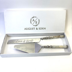 August & Eden Wedding Cake Knife Server Set Love Is Sweet w/ Box