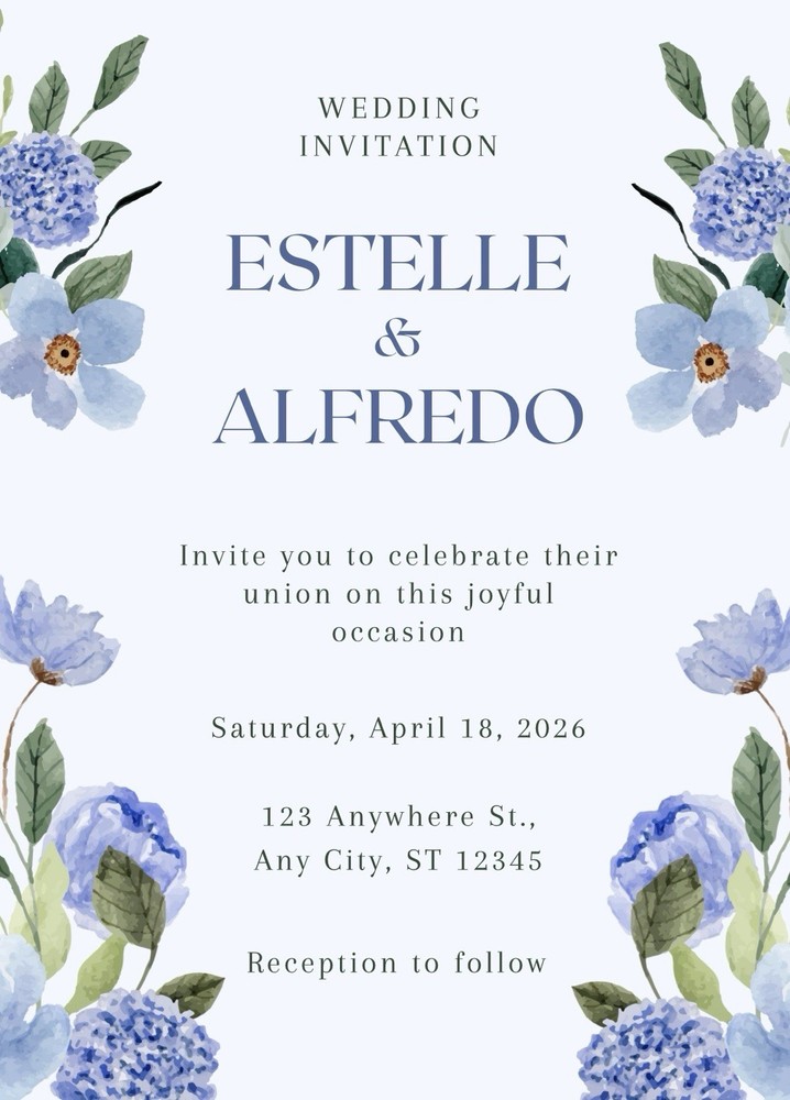 Estelle & Alfredo Blue Floral Wedding Invitations Card Design, Blue/Green/White