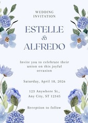 Estelle & Alfredo Blue Floral Wedding Invitations Card Design, Blue/Green/White